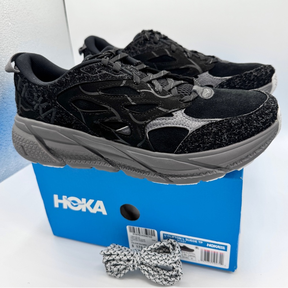 NWT Hoka Clifton Elite Terrain System L Suede Leather Black Grey Unisex Sneakers - Picture 4 of 16